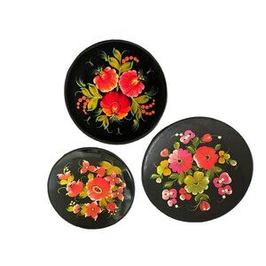 Russian Signed HandPainted Black Lacquer Floral Wall Plates Set Of 3 - 8, 9, 10"